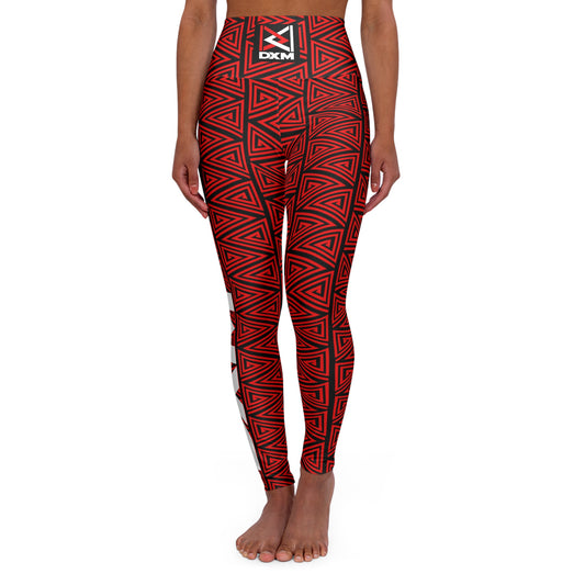 Red Geometric High-Waist Yoga Leggings — Bold Triangle AOP with DXM Logo