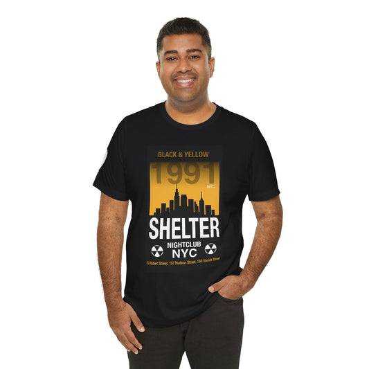 Shelter NYC 1991 Nightclub Tee — Black & Yellow Skyline Graphic Shirt