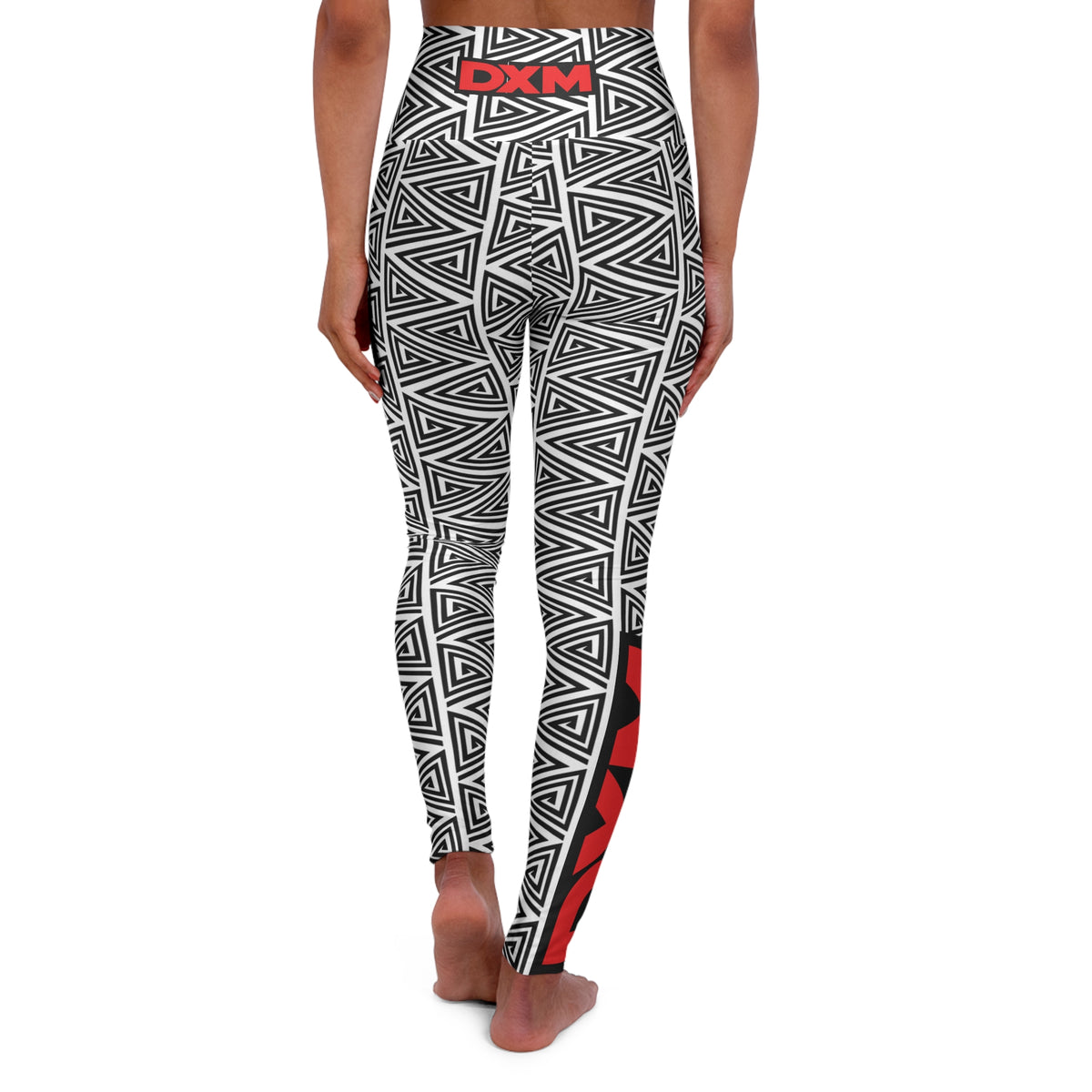 High-Waisted Yoga Leggings — Black & White Geometric AOP with DXM Accent