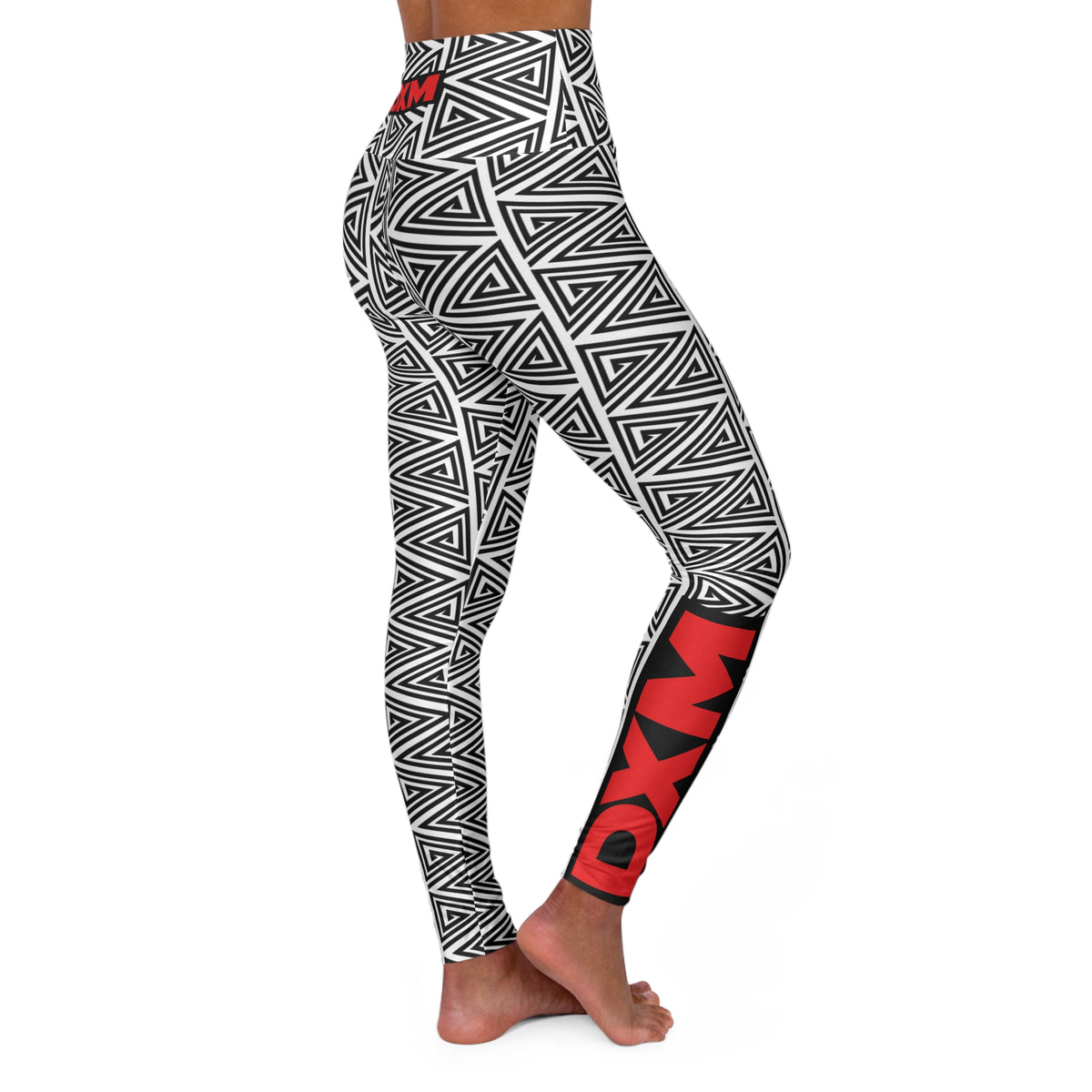 High-Waisted Yoga Leggings — Black & White Geometric AOP with DXM Accent