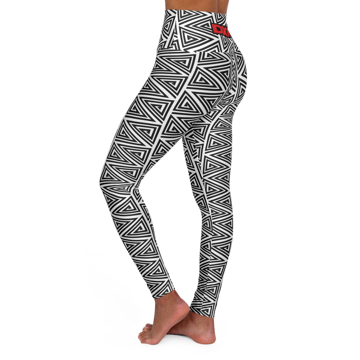 High-Waisted Yoga Leggings — Black & White Geometric AOP with DXM Accent