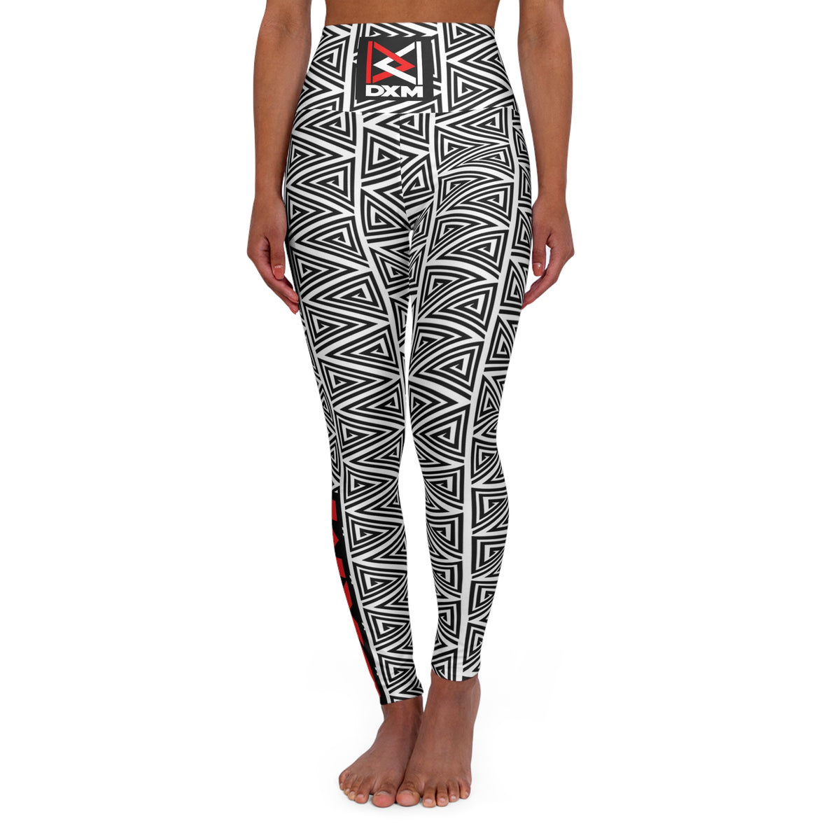 High-Waisted Yoga Leggings — Black & White Geometric AOP with DXM Accent